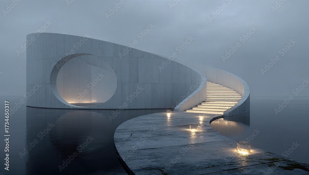 Fototapeta premium Misty, curved concrete structure over water