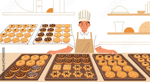 Delightful array of baked goods displayed by a cheerful pastry chef in a bright setting