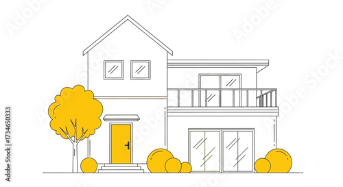 Stylish linear illustration of a modern house with vibrant yellow landscaping, showcasing clean architectural design and an inviting aesthetic for contemporary property concepts