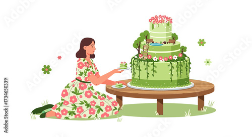 Delightful illustration featuring a woman serving slices from an enchanting tiered cake decorated