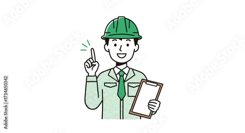 Dedicated construction worker in hard hat pointing up with clipboard, signifying an important idea or instruction for project management and safety