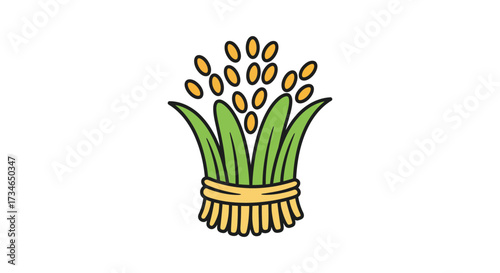 A stylized illustration of wheat stalks with golden grains depicted