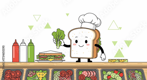 Delightful sandwich shop scene with chef bread character and ingredient bar animation