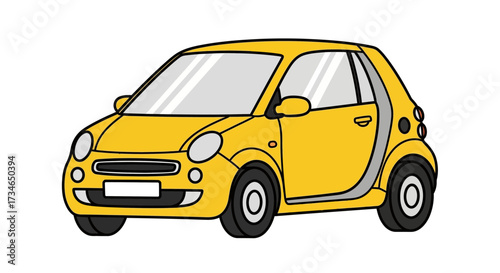Vibrant yellow compact urban car illustration, a clean and modern vector graphic depicting a small, eco-friendly city vehicle on a pure white background, ideal for digital design projects