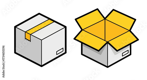 Isometric illustration of cardboard boxes one closed and taped for shipping, one open and empty. Ideal for logistics and e-commerce