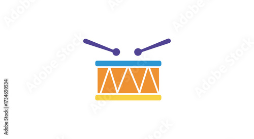 Simple flat design illustration of a colorful drum with drumsticks above