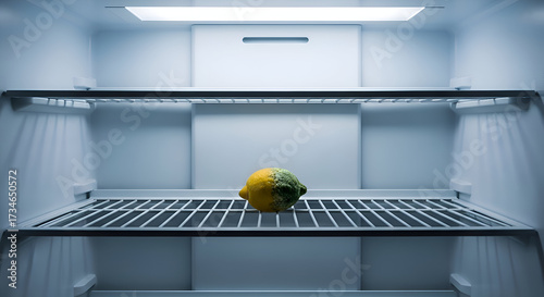 Lonely Lemon In A Cold Empty Refrigerator Represents Abandonment Or Limited Resources