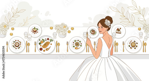 Elegant Bride Tasting Delicacies at a Beautifully Decorated Wedding Reception Table