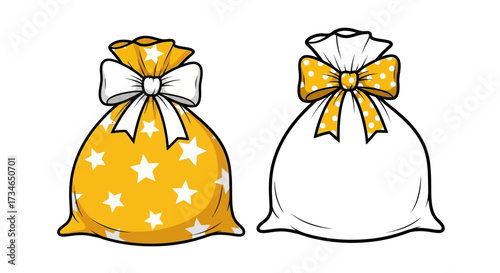 Two charming cartoon gift bags, one adorned with golden stars and a white bow, the other a plain white sack with a cheerful yellow polka dot ribbon, perfect for festive celebrations