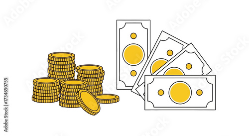 A detailed vector illustration depicting stacks of golden coins alongside bundles of crisp paper money, symbolizing financial stability, wealth accumulation, investment growth, and economic prosperity