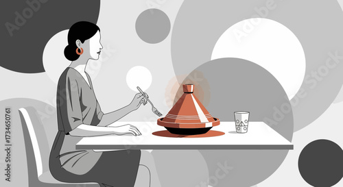 Elegant minimalist illustration of a woman enjoying a traditional Moroccan tagine dish in a cafe