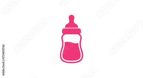 Simple pink baby bottle illustration with liquid inside isolated on white