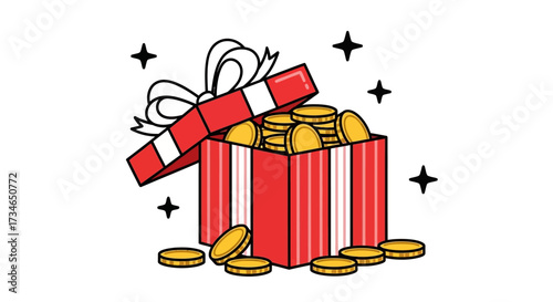 Vibrant illustration of a striped gift box overflowing with shiny gold coins, representing digital rewards, financial success, and online wealth accumulation concepts