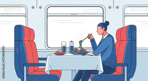 Elegant travel: Woman enjoying fine dining on a luxurious train journey adventure
