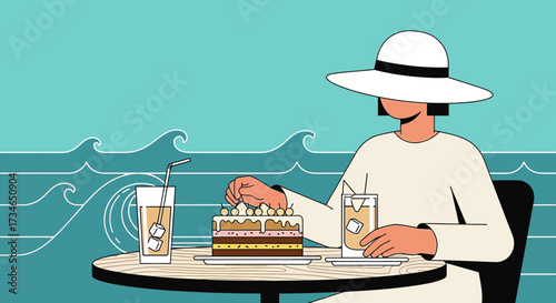 Elegant woman enjoying cake and drinks by the sea at a stylish outdoor cafe illustration