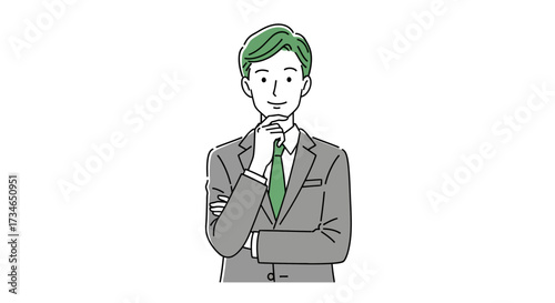 Professional male character illustration pondering ideas, showcasing business acumen and problem-solving. This graphic conveys contemplation and strategic thought for corporate themes