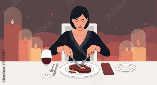 Elegant woman enjoying romantic candlelit dinner with steak and wine for special occasion
