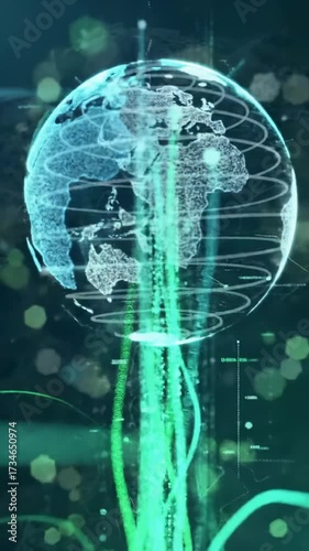 High-key, close-up to medium video with slow push-in, vibrant digital streams forming abstract data globe on blurred earth and metal textures with bokeh. Concept of sustainable innovation and smart