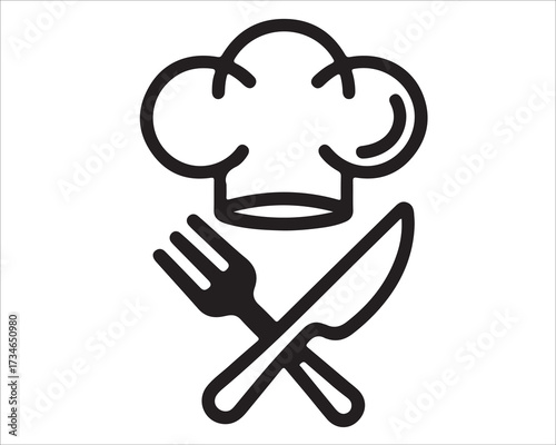 Chef hat with fork and knife silhouette vector illustration, cooking food symbol design in black and white, culinary icon for restaurant, kitchen, menu, dining, hospitality, gourmet, and gastronomy co