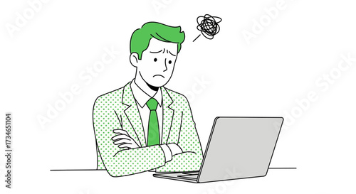 Concept of a frustrated and stressed young man in a business suit struggling with a problem on his laptop, depicting work-related anxiety