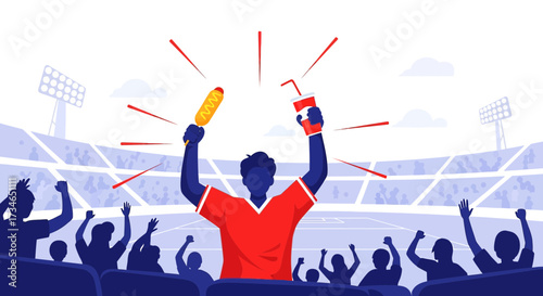 Enthusiastic sports fan cheering with food and drink at a vibrant stadium atmosphere illustration
