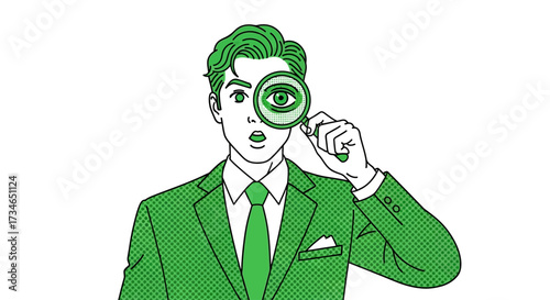 Conceptual illustration of a business professional with a magnifying glass, symbolizing detailed analysis, strategic investigation, keen observation, insightful discovery