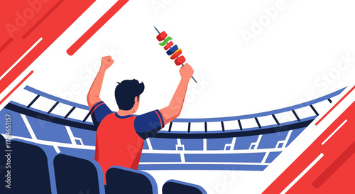 Excited soccer fan cheers his team with a food skewer at a vibrant stadium scene
