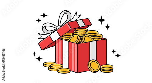 Vibrant digital illustration depicting an open red gift box overflowing with shiny gold coins, symbolizing financial success, unexpected rewards, bonus, and prosperity