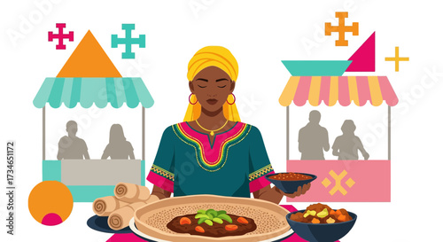 Ethiopian woman enjoying traditional food Injera at a street food market featuring colorful stalls