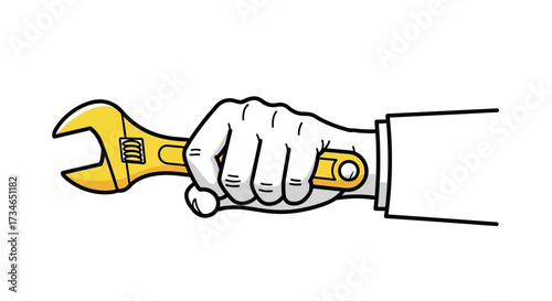 Stylized illustration of a human hand firmly gripping a bright golden adjustable wrench, symbolizing essential concepts of repair, maintenance, and practical problem-solving