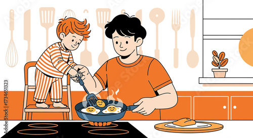 Father and Son Cooking Breakfast Together: A Heartwarming Illustration of Family Time in the Kitchen