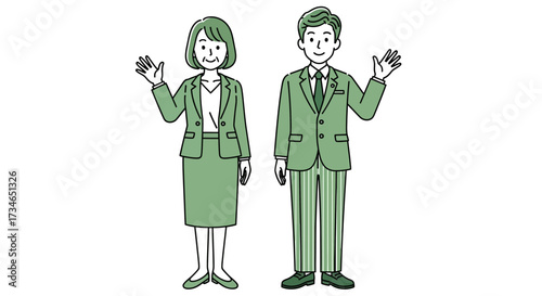 Professional business man and woman in green suits, waving a friendly welcome. Vector illustration for corporate greetings, team concepts, and approachable professional service
