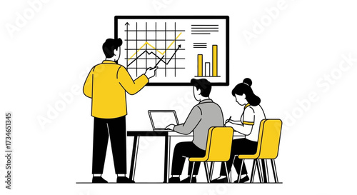 Business team analyzing market data and financial trends on a presentation board, collaborating for strategic planning, growth, and informed decision-making