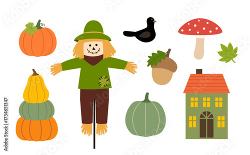 Collection of autumn seasonal vector illustration.
Set of autumn patterns featuring a scarecrow, pumpkin, acorn, maple leaf, mushroom, house.
For harvest festival, Thanksgiving. 