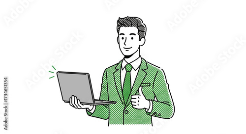 Optimistic professional in a stylish green suit gives a thumbs-up, symbolizing success, digital communication, and approval in modern business operations