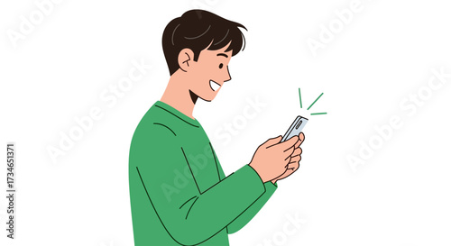 Happy young man cartoon character engaging with his smartphone, experiencing joyful digital interaction and receiving an exciting notification, representing modern technology and connectivity