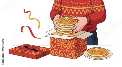 Festive breakfast treat: Cartoon image of pancakes as a gift with holiday decoration
