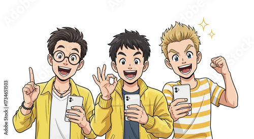 Three enthusiastic young men cheerfully engaging with their smartphones, illustrating digital connection, shared excitement, and successful online experiences in a modern, vibrant lifestyle