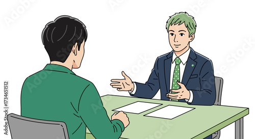 Two professionals engaged in a focused business discussion or interview, symbolizing effective communication, consultation, and collaborative workplace interaction