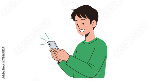 Cheerful young man actively engaging with his smartphone, showcasing the seamless integration of digital technology into daily life, communication, and modern personal connections