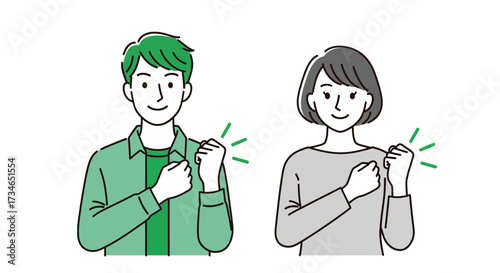 Vibrant illustration of a dynamic duo, a man and a woman, exuding positive energy and confidence with a powerful fist pump, representing teamwork, victory, and encouragement in achieving goals