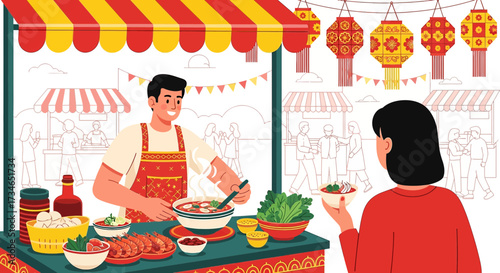 Festive street food market scene with vendor preparing delicious asian cuisine for customers