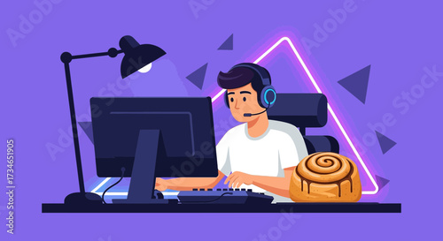 Gamer illustration featuring focused player with headset and tasty cinnamon roll concept