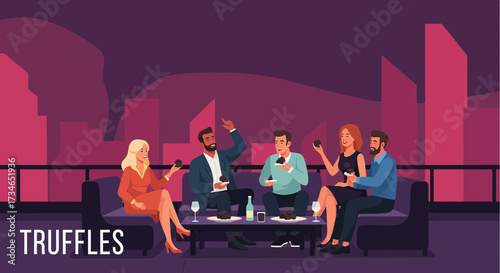 Group of friends enjoying chocolate truffles on a rooftop with city skyline view at night