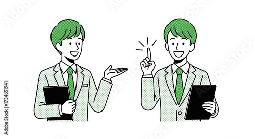 Dynamic illustration of business professionals collaborating, one explaining concepts and the other developing a brilliant new idea, symbolizing effective communication and strategic problem-solving 