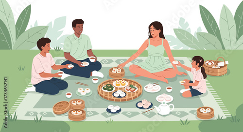 Happy family enjoying a dim sum picnic in a lush park setting on a bright day illustration