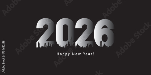 Happy New Year 2026 banner. Style 2026 number with City Skyline of NY.	