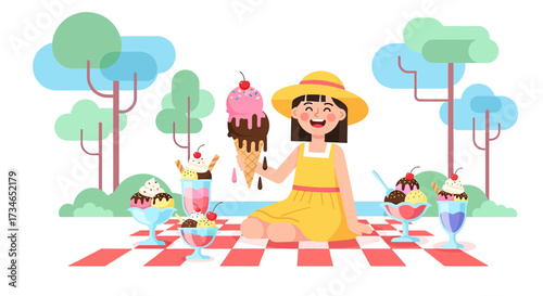 Happy girl enjoying a picnic with various ice cream flavors on a sunny day outdoors