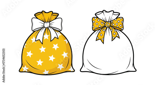 Vibrant vector illustrations of celebratory gift bags, one with stars and a bow, the other an outline, perfect for holiday events and special occasions