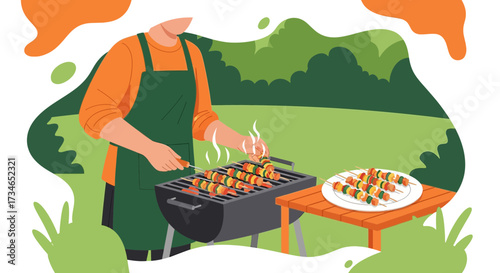 Illustrated scene of backyard barbecue with kebabs, trees, and picnic table for summer gatherings